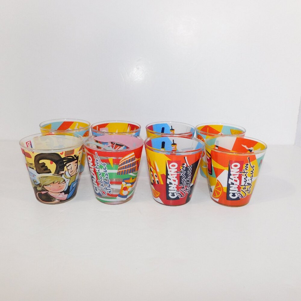 Set 8 Cinzano vermouth Collector Selwyn Nespolo Tumbler Glasses Funky Street Art
